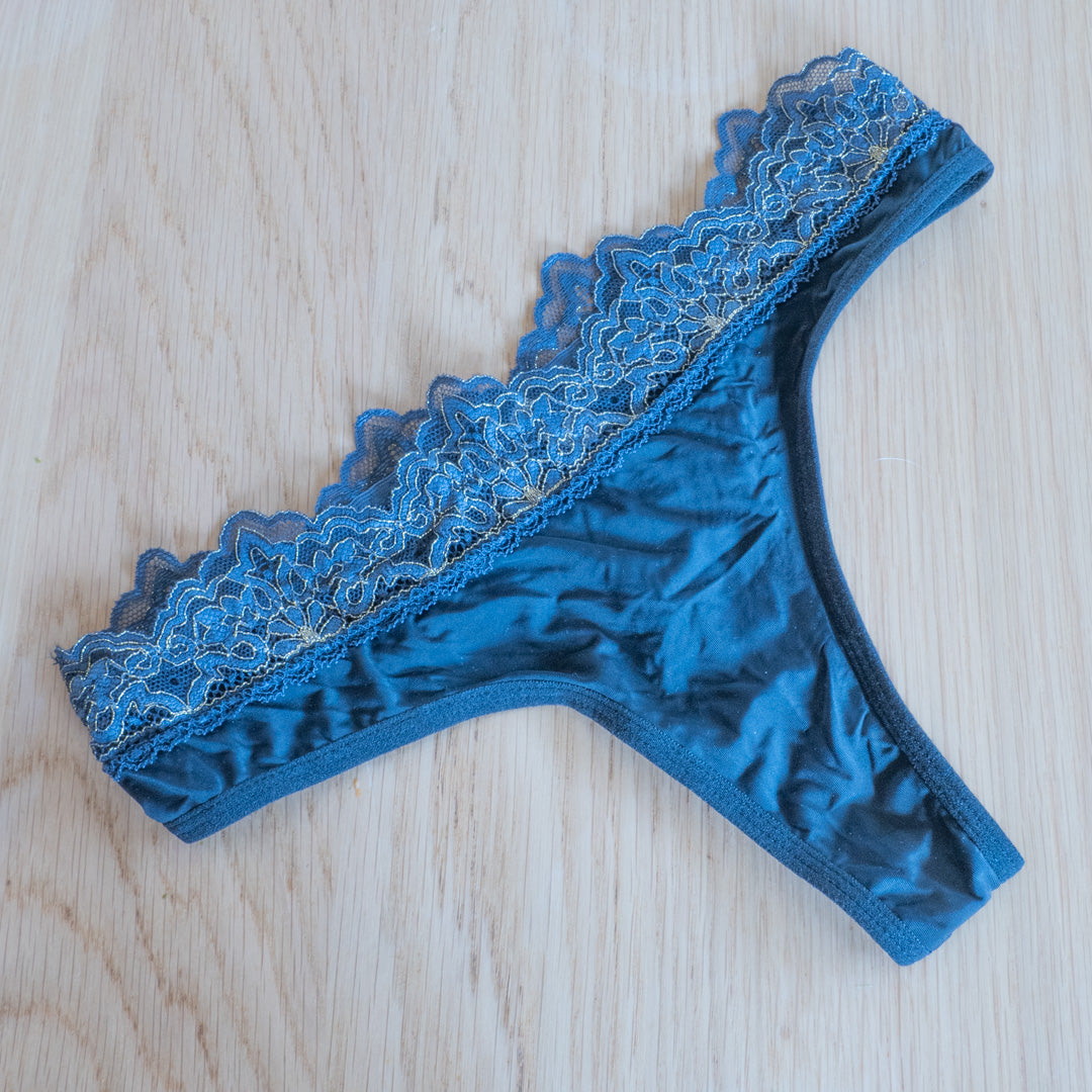 The Petunia - Black and Grey Lace Trim Thong