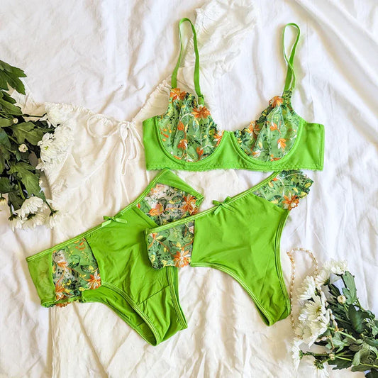 The Oakley - Green Floral Embroidery Thong