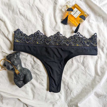 The Petunia - Black and Grey Lace Trim Thong