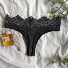 Load image into Gallery viewer, The Petunia - Black and Grey Lace Trim Thong
